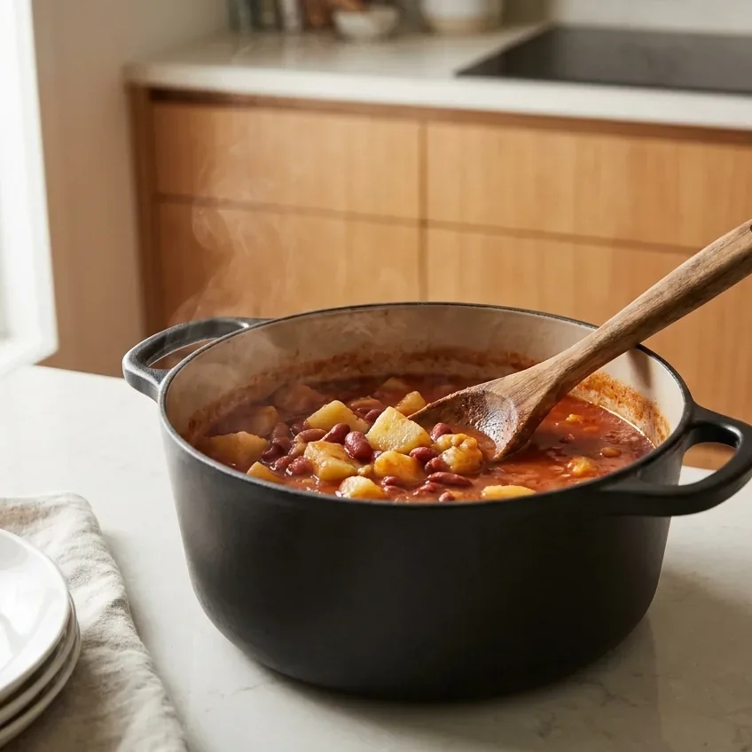 A wooden spoon mashing potatoes and beans against the side of the pot to thicken cowboy soup