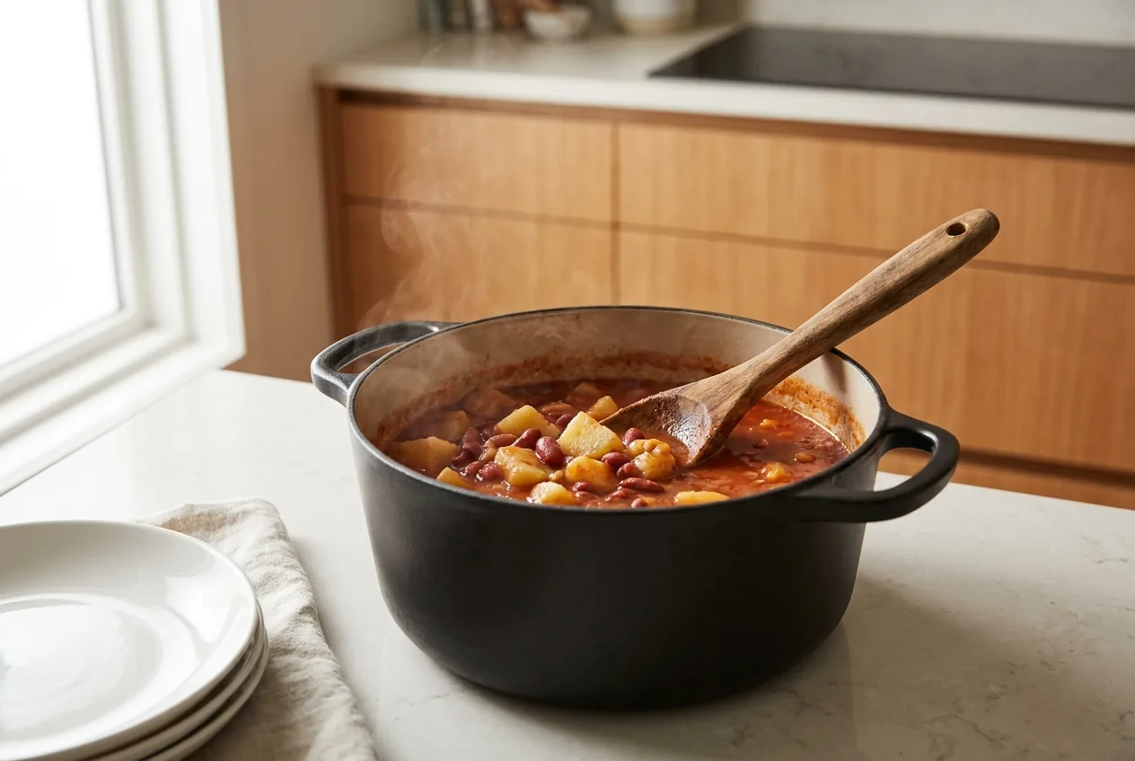 A wooden spoon mashing potatoes and beans against the side of the pot to thicken cowboy soup