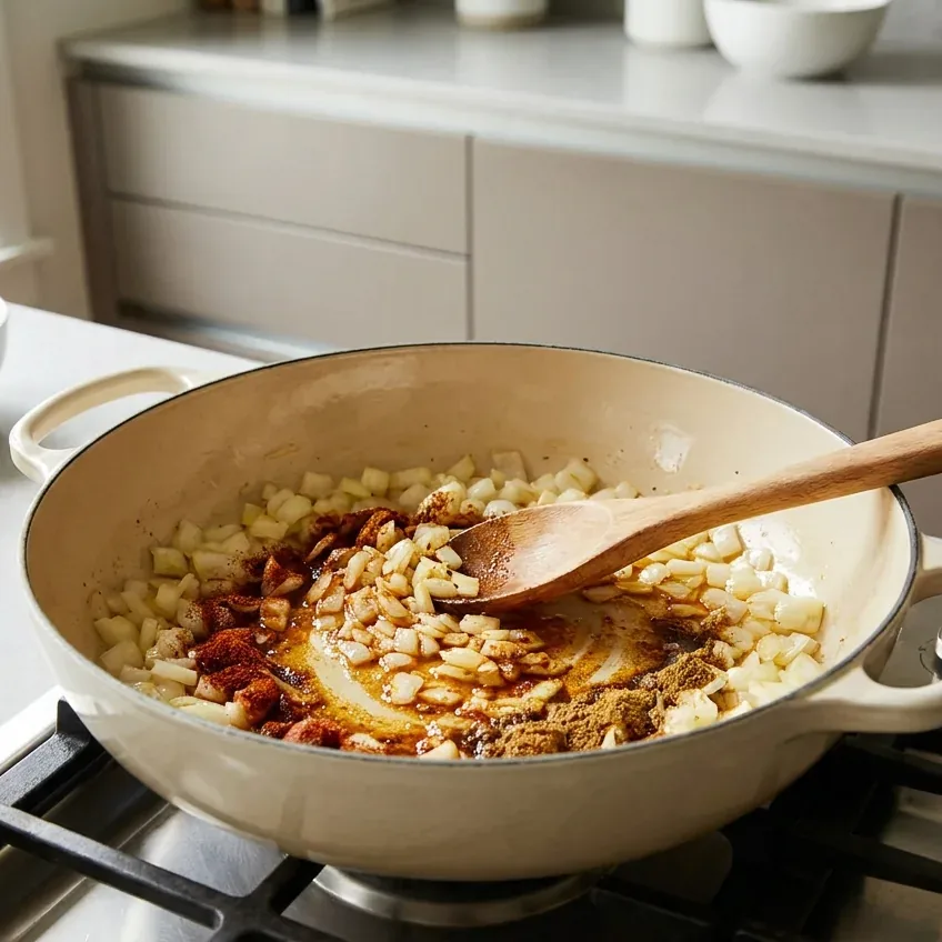 Onion and chili spices cooking together in a Dutch oven for cowboy soup