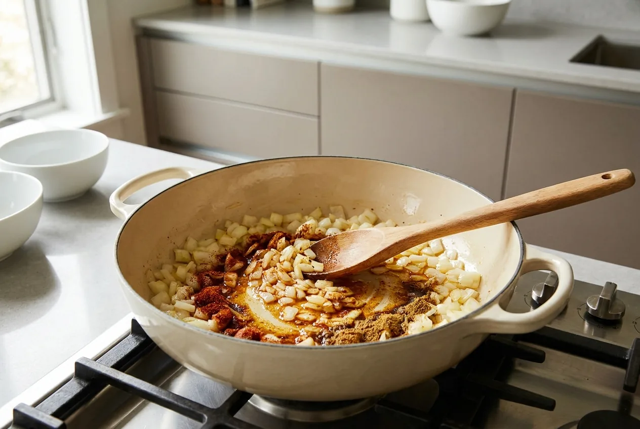 Onion and chili spices cooking together in a Dutch oven for cowboy soup