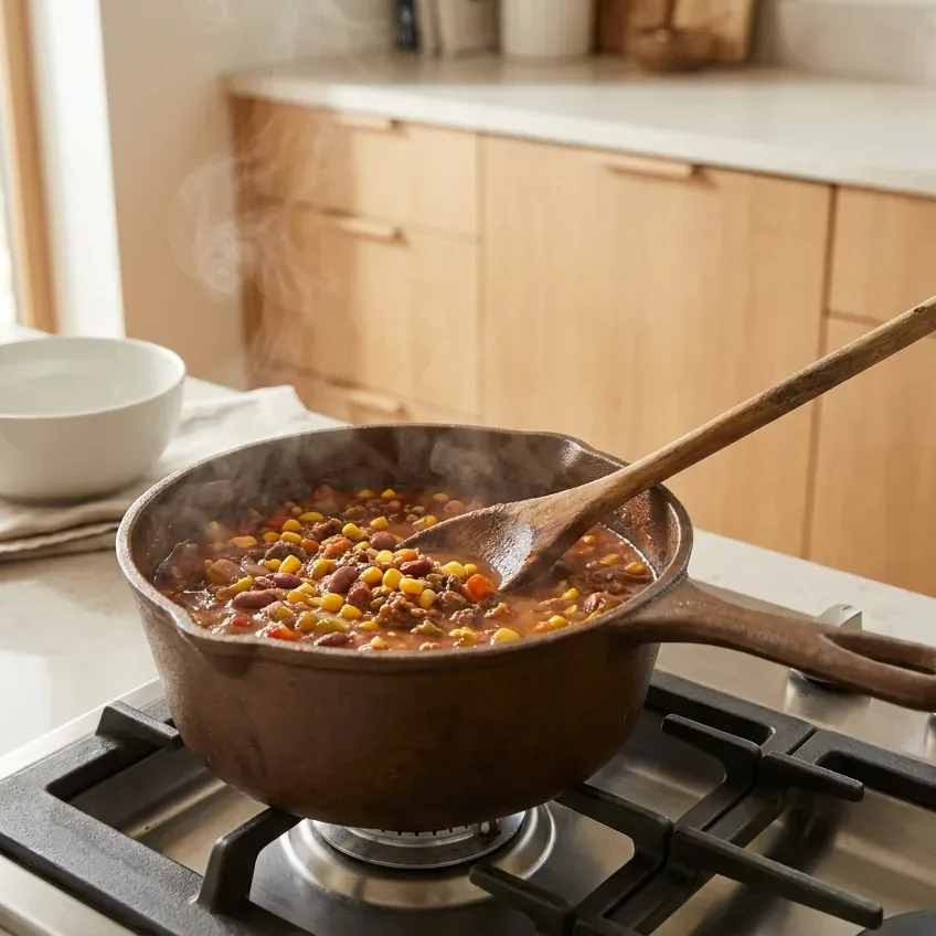 Cowboy soup being gently reheated in a saucepan on the stovetop