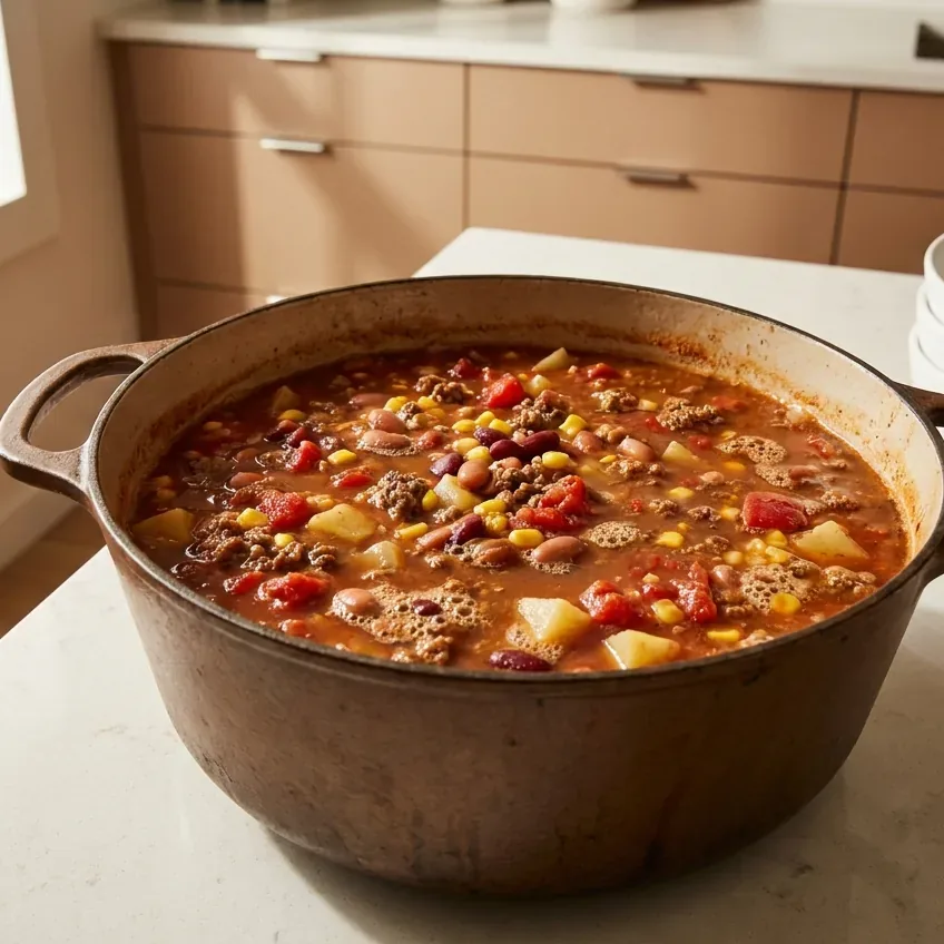 Cowboy soup simmering in a Dutch oven with beef, beans, corn, and potatoes