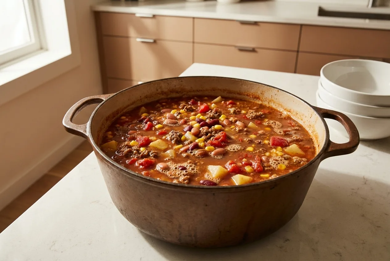 Cowboy soup simmering in a Dutch oven with beef, beans, corn, and potatoes