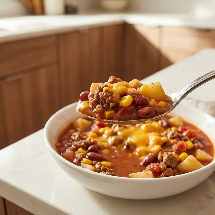 A spoonful of cowboy soup lifted from a full bowl showing beef, beans, corn, and potato
