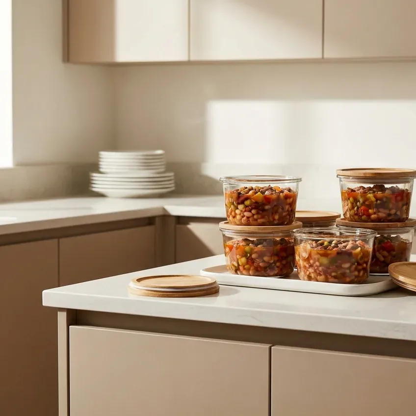 Cowboy soup portioned into airtight glass containers for the refrigerator