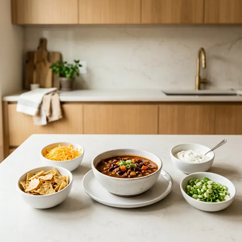Cowboy soup topping bar with shredded cheddar, sour cream, green onion, and tortilla chips