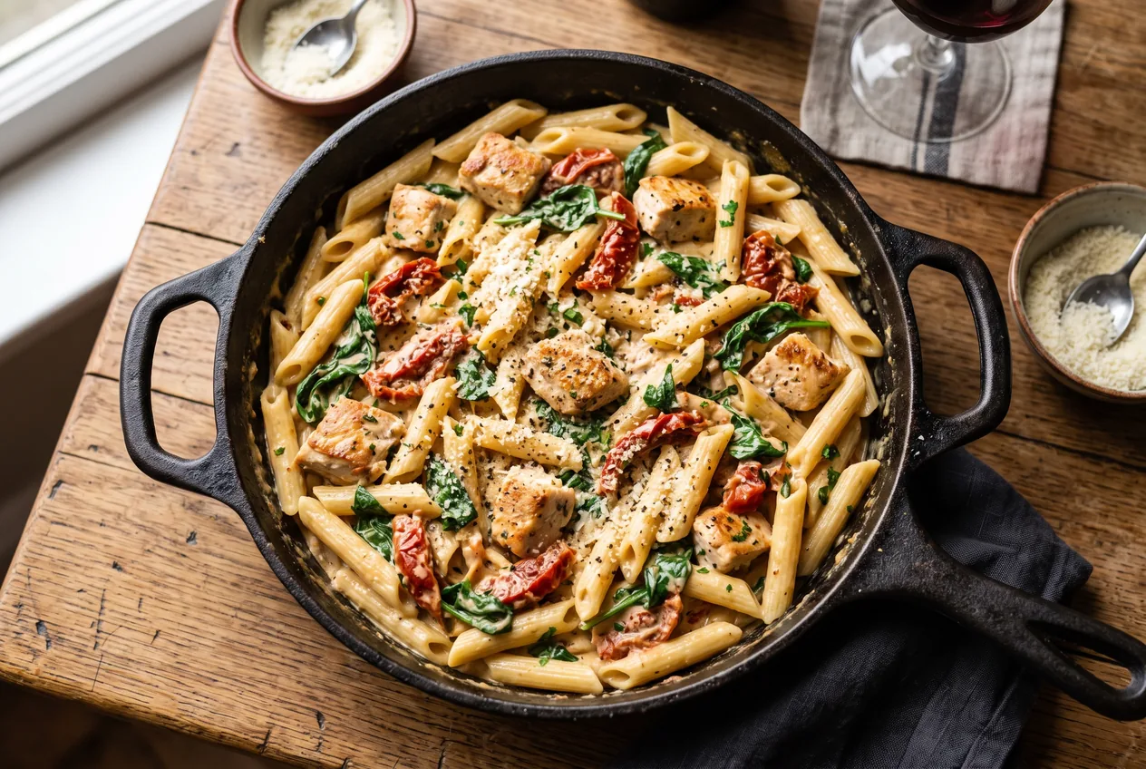 Creamy Tuscan chicken pasta with penne, bite-size chicken, sun-dried tomatoes, and spinach in a cast-iron skillet