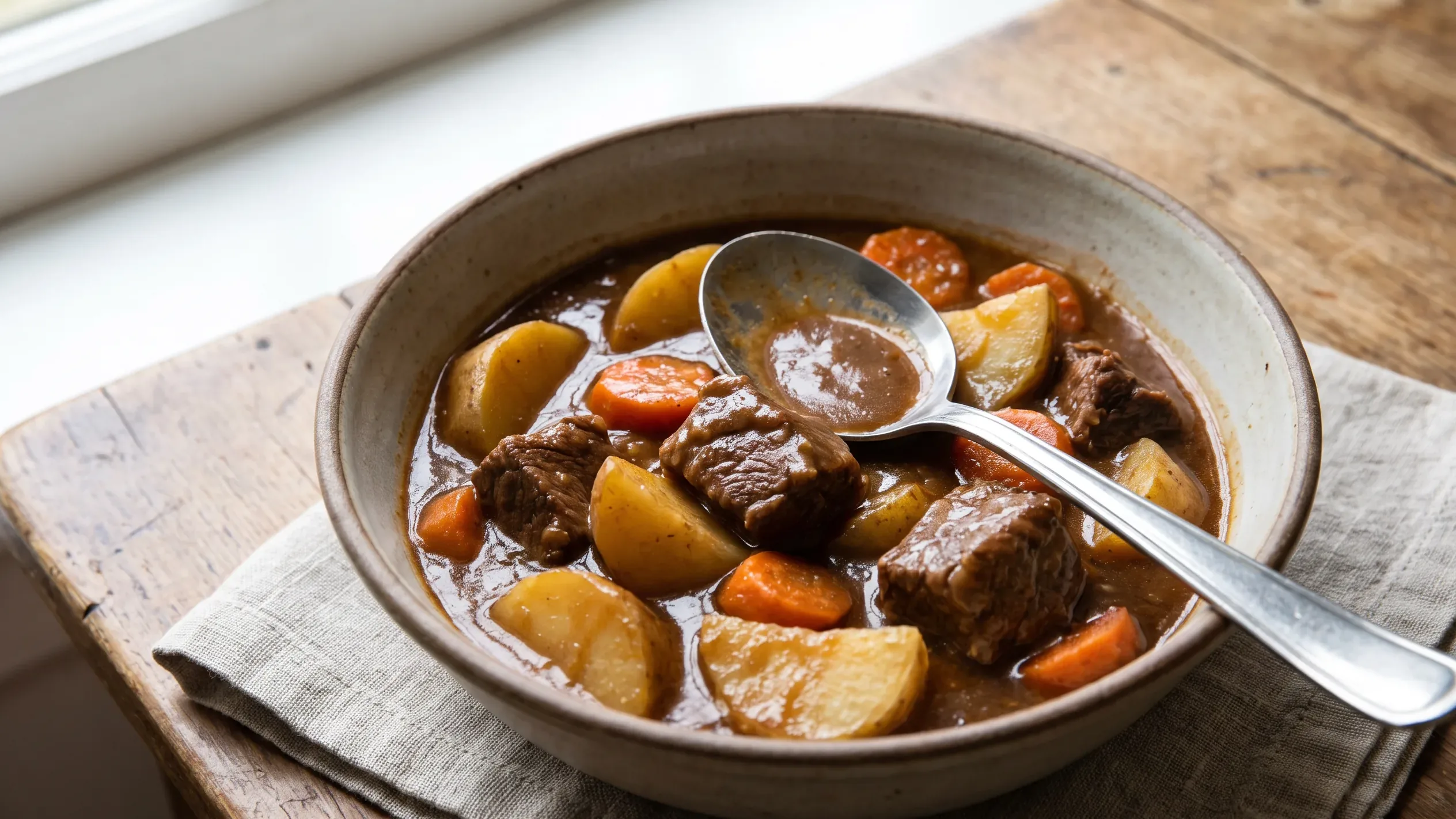 A bowl of thick crock pot beef stew with chunks of beef, potatoes, and carrots in a rich, thickened brown gravy, steam rising