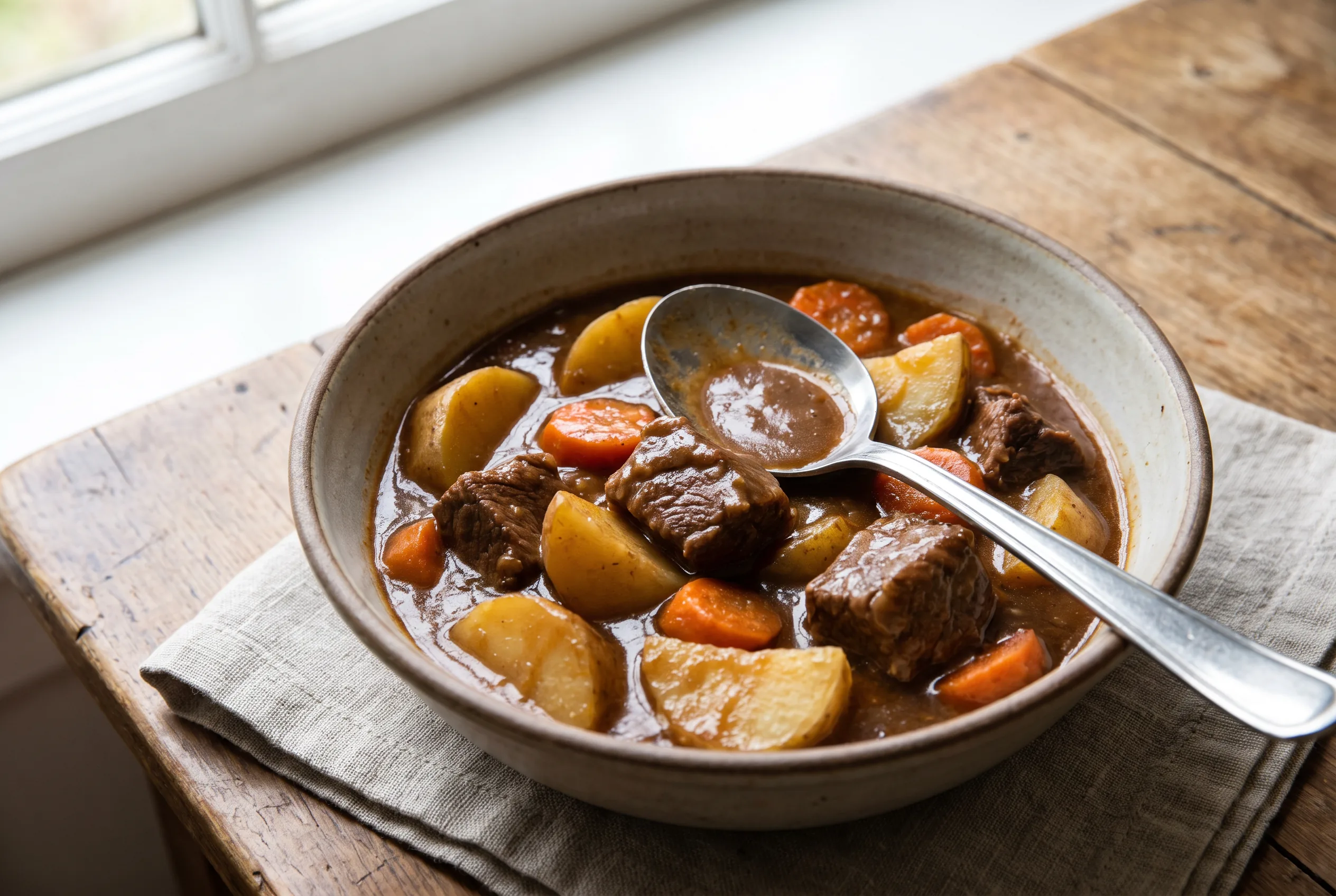 A bowl of thick crock pot beef stew with chunks of beef, potatoes, and carrots in a rich, thickened brown gravy, steam rising