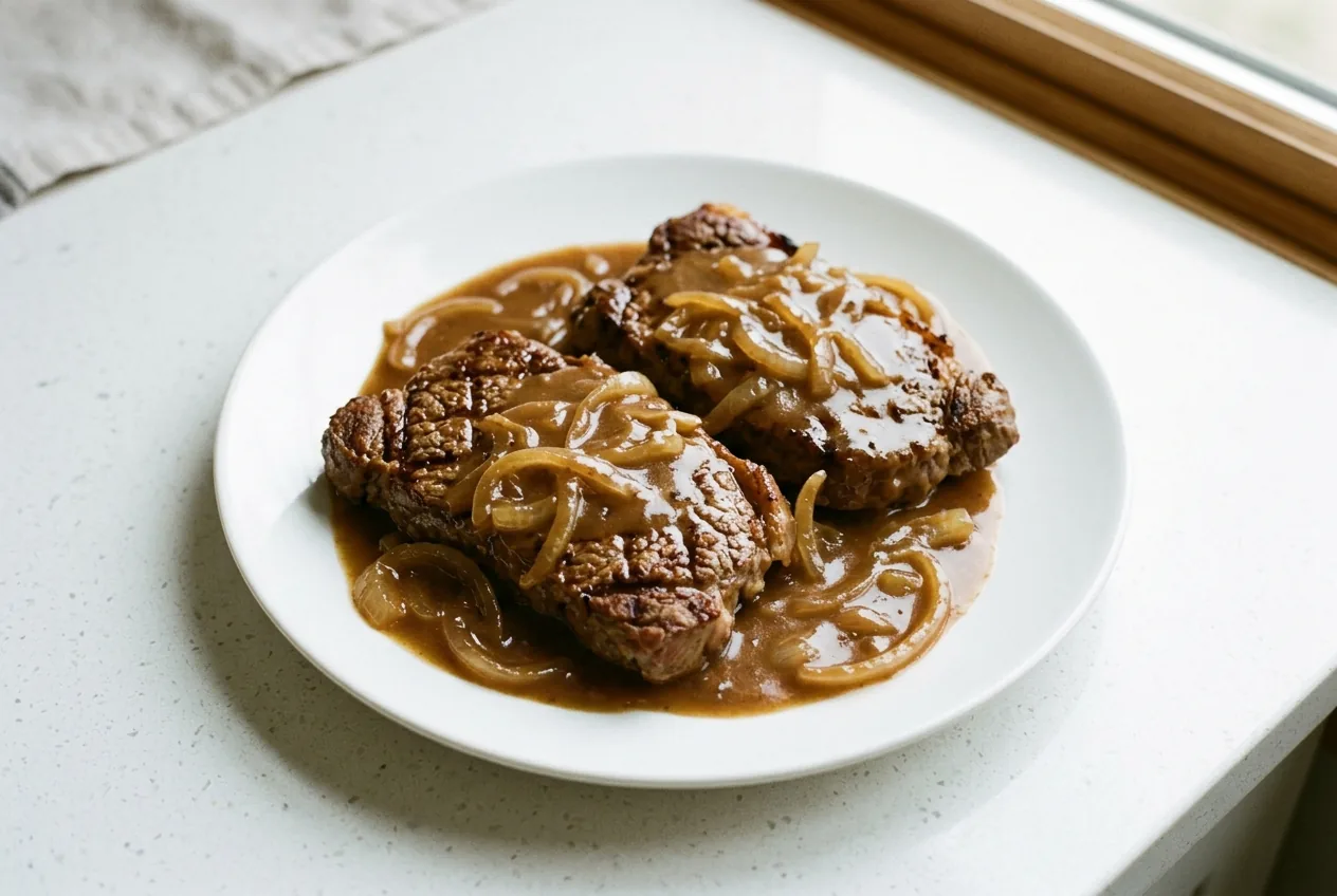 Two tender cube steaks in a smooth onion gravy on a white plate