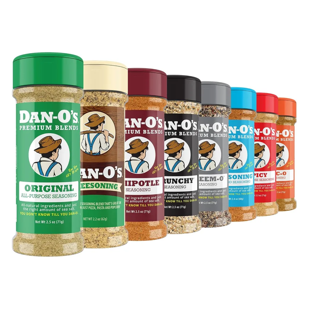 The Dan-O's Seasoning Variety Pack with all eight extra-small bottles standing in a row