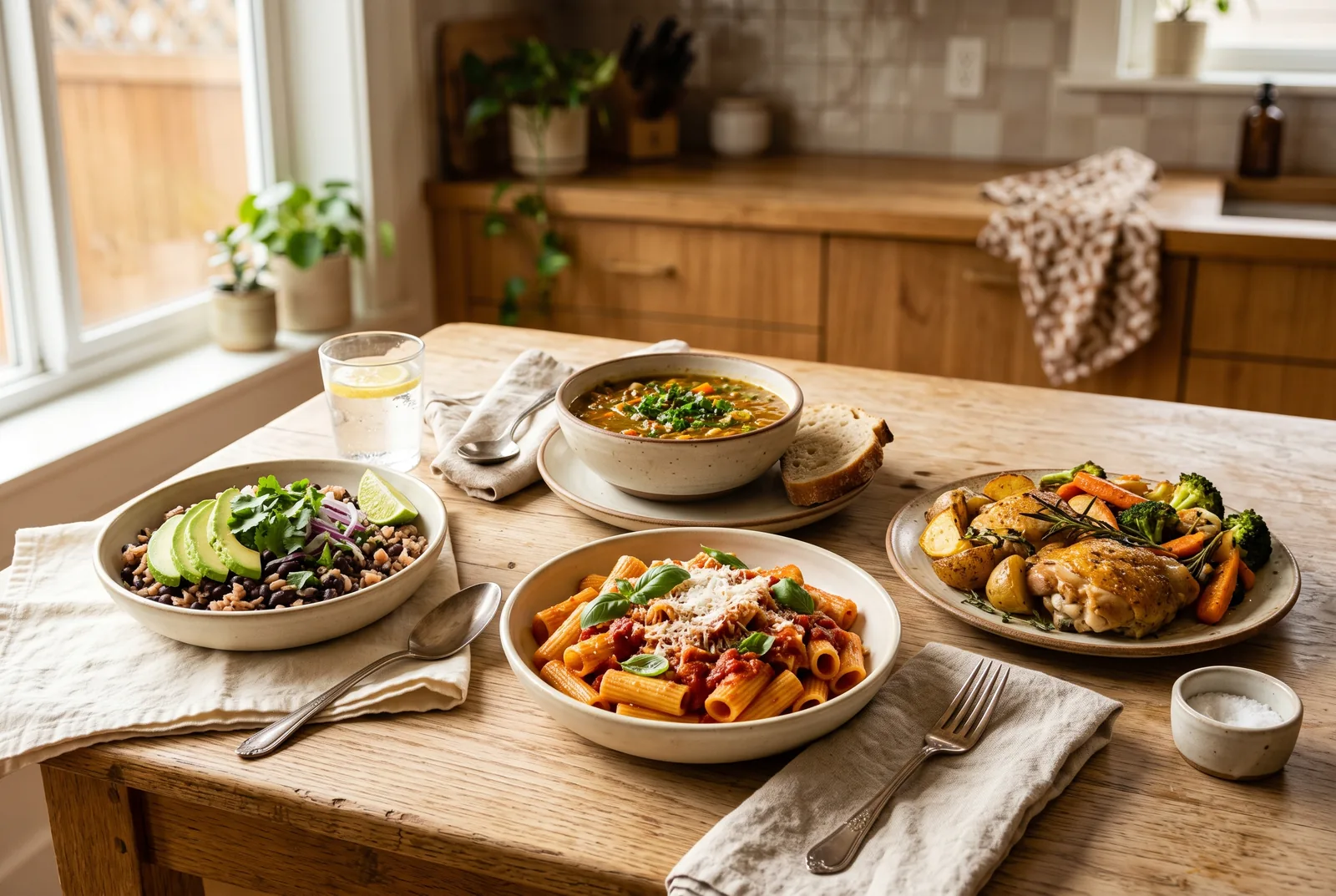 Several affordable homemade dinners on a warm wooden table - a rice and black bean bowl, tomato pasta, a bowl of vegetable soup with bread, and roasted chicken thighs with potatoes and vegetables.