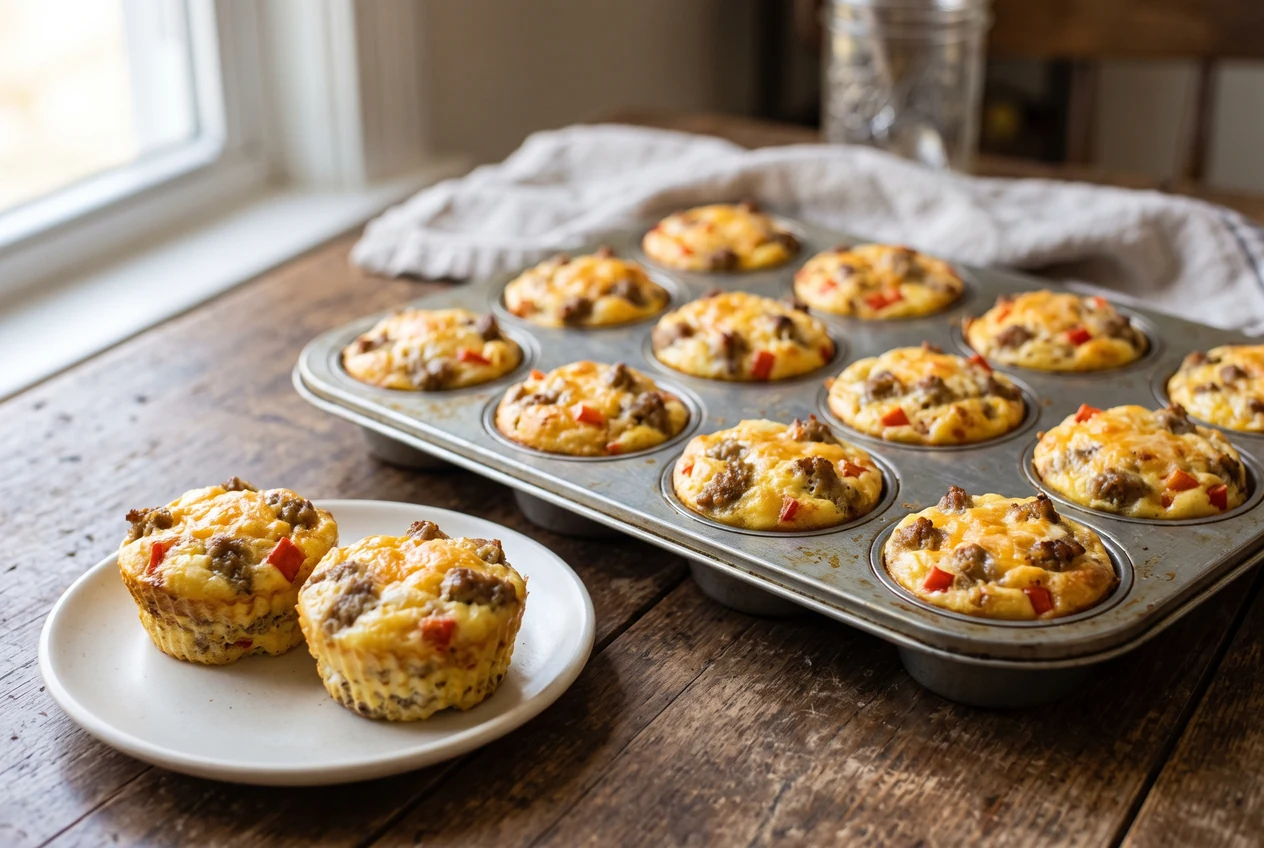 A muffin tin of baked egg muffins with sausage, cheddar, and diced red pepper, puffed and golden at the edges, with two turned out onto a plate.