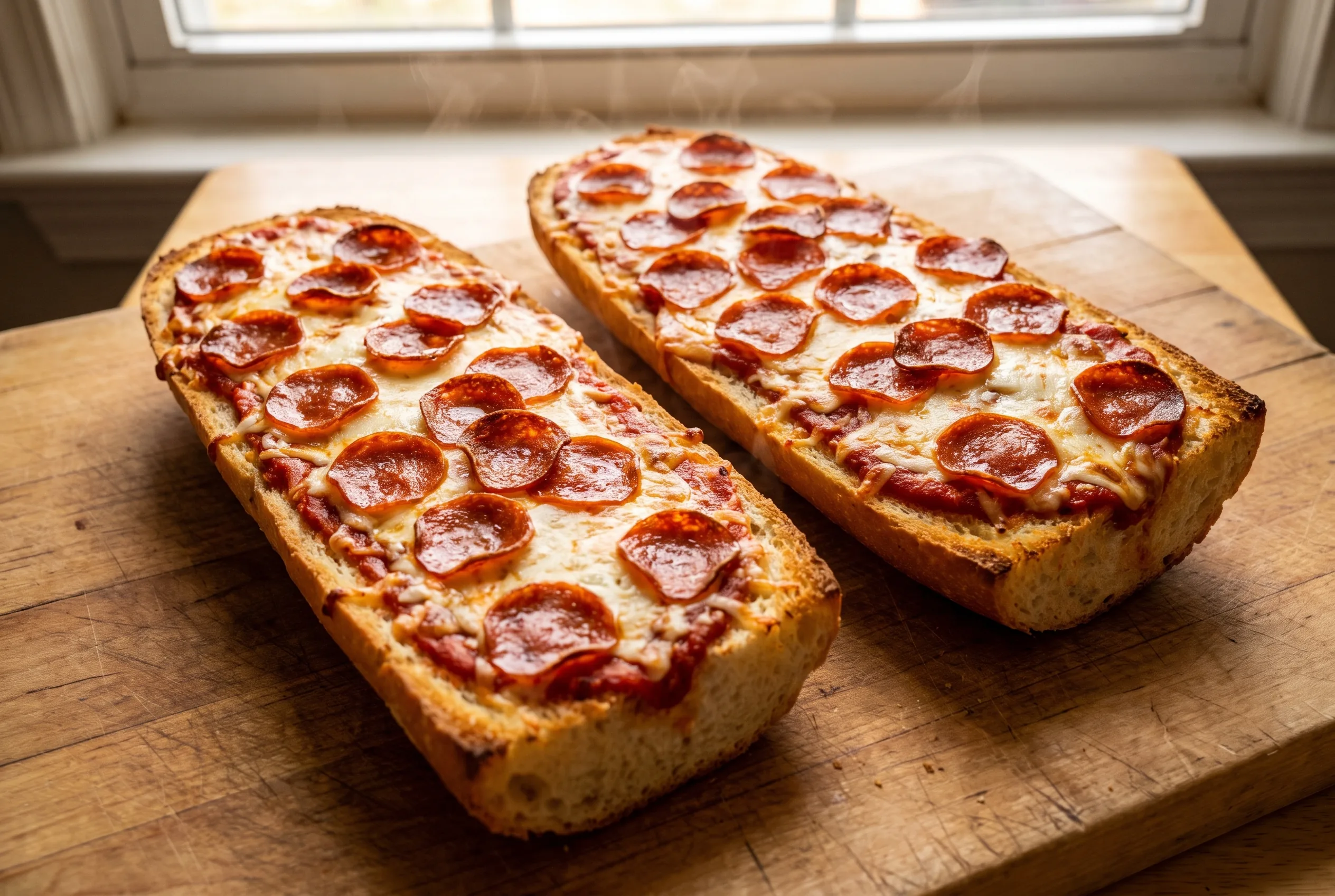 A French bread pizza loaf split in half lengthwise, topped with melted mozzarella and pepperoni, with crisp golden bread edges