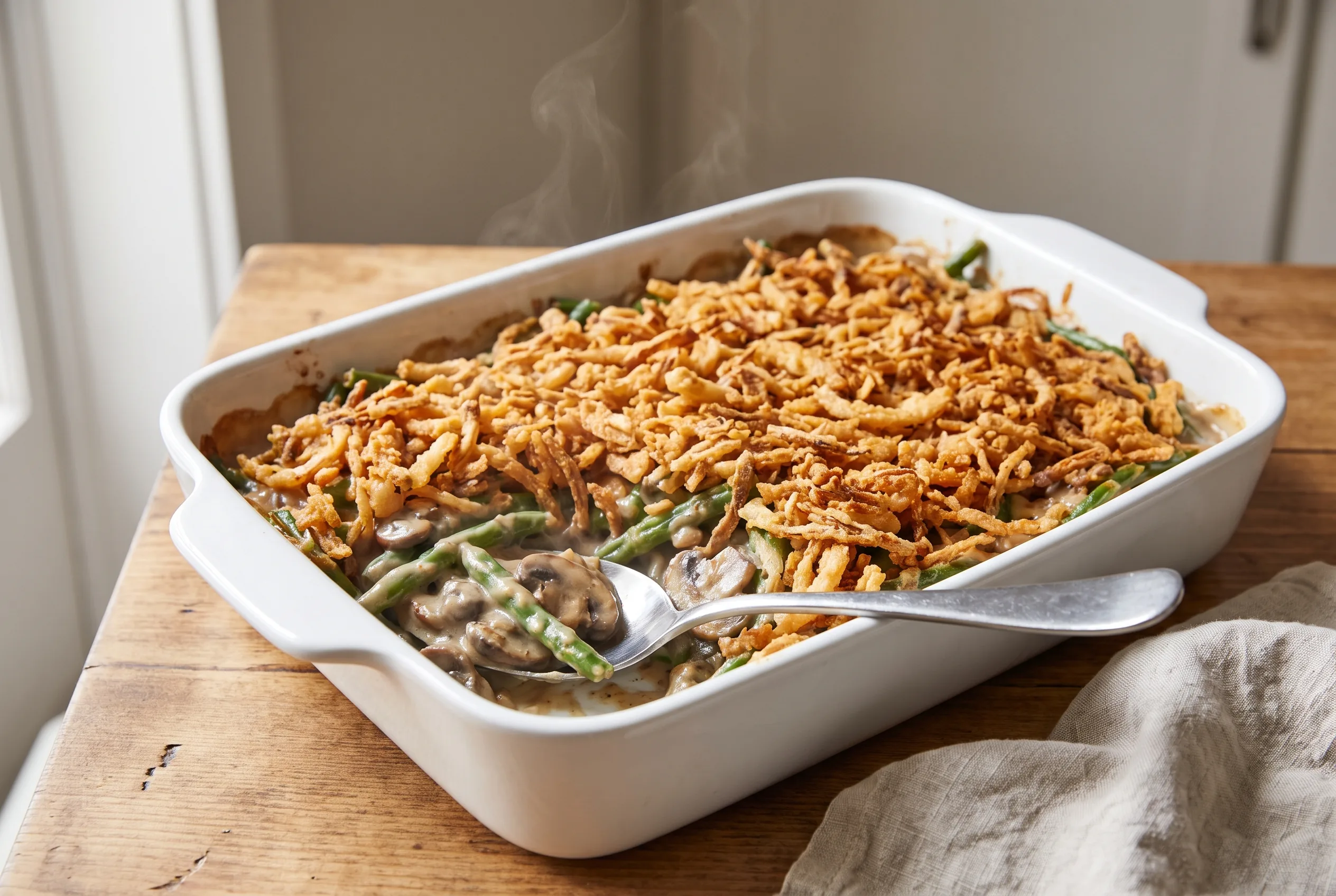 A green bean casserole in a white 9x13 baking dish, green beans in a creamy mushroom sauce topped with golden crispy fried onions, one corner scooped out with a serving spoon