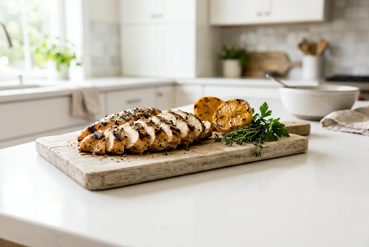 Sliced grilled chicken breasts with char marks on a wooden board with lemon halves and herbs