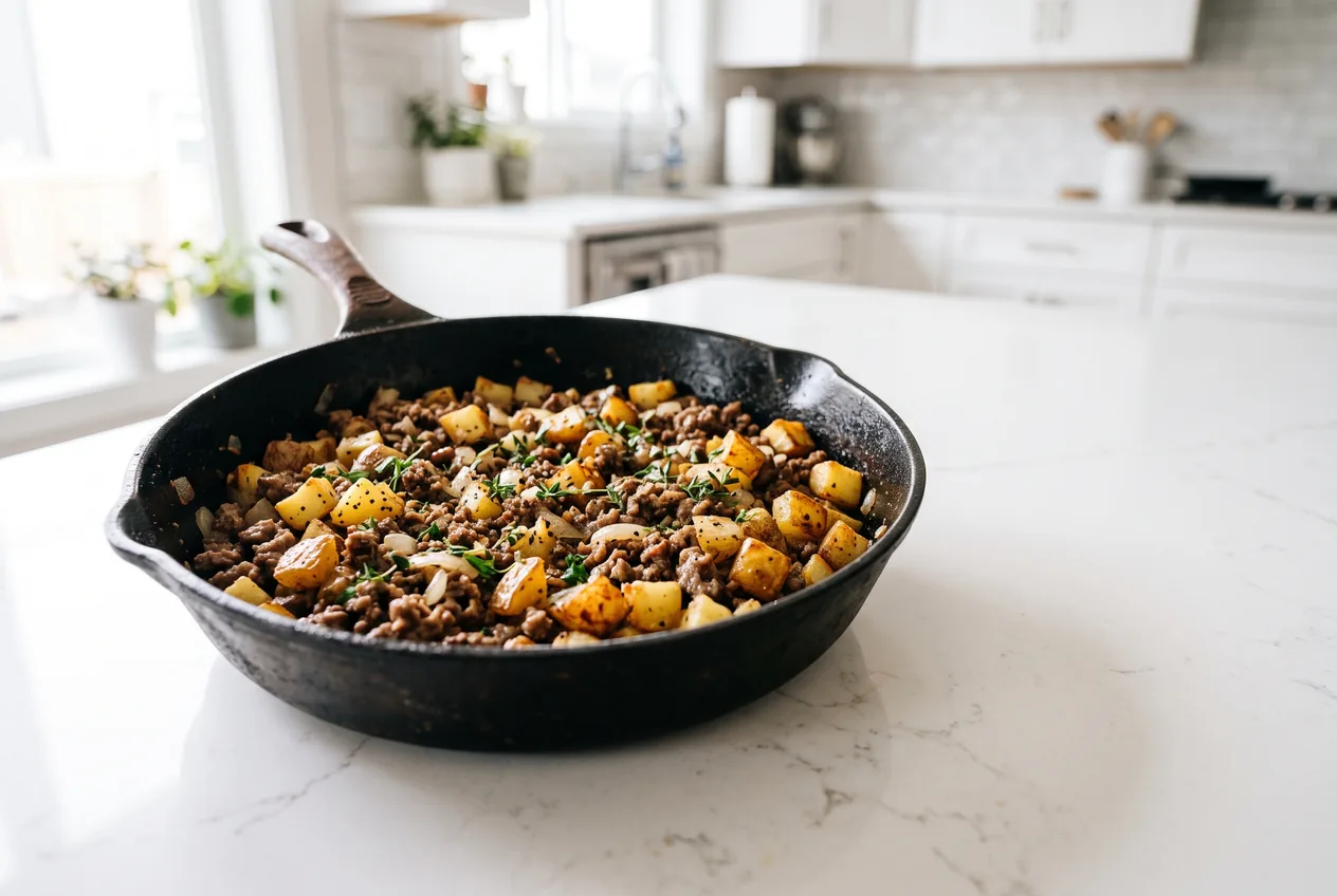A cast iron skillet of browned ground beef and golden diced potatoes with soft onions
