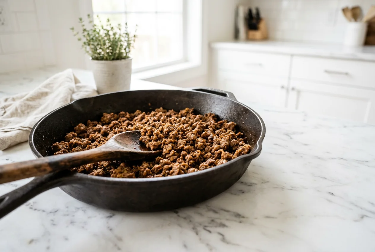 A cast iron skillet of browned, seasoned ground beef with a wooden spoon, plain and ready to use in other dinners