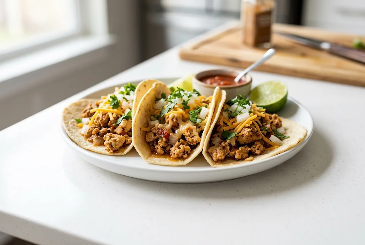 Ground chicken tacos in corn tortillas topped with cheese, salsa, and cilantro on a plate