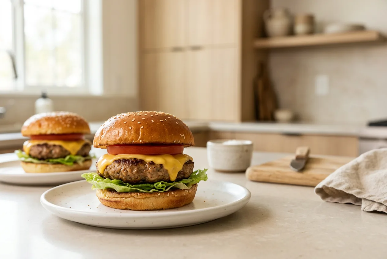 Ground turkey burger with melted cheese, lettuce, and tomato on a toasted bun on a plate