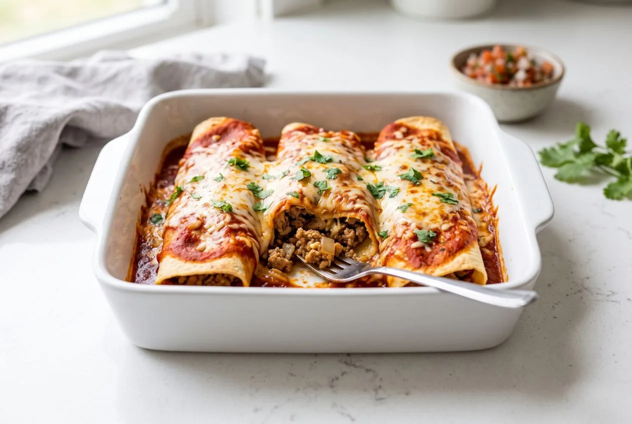 Ground turkey enchiladas in a white baking dish under red chili sauce and melted cheese