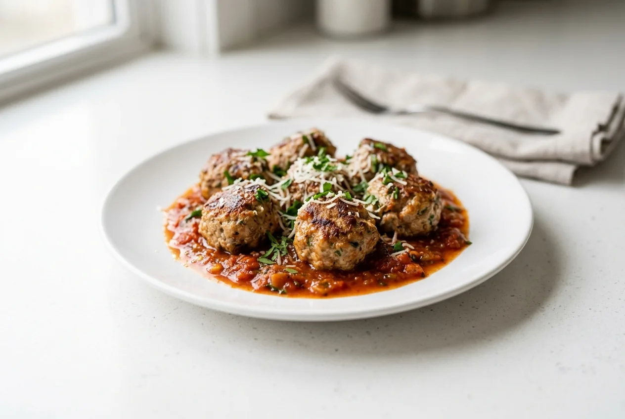 Browned ground turkey meatballs in marinara sauce on a white plate, topped with grated Parmesan and chopped parsley