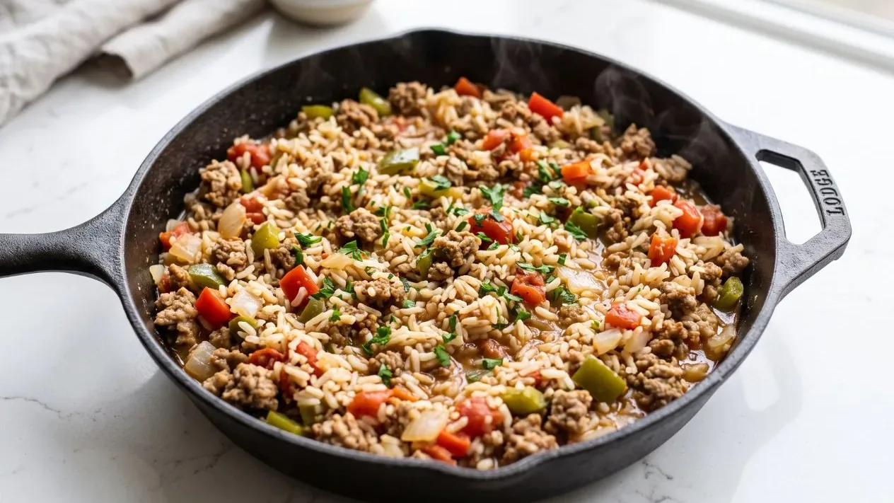 A skillet of ground turkey and rice with tomatoes, corn, and melted cheese.