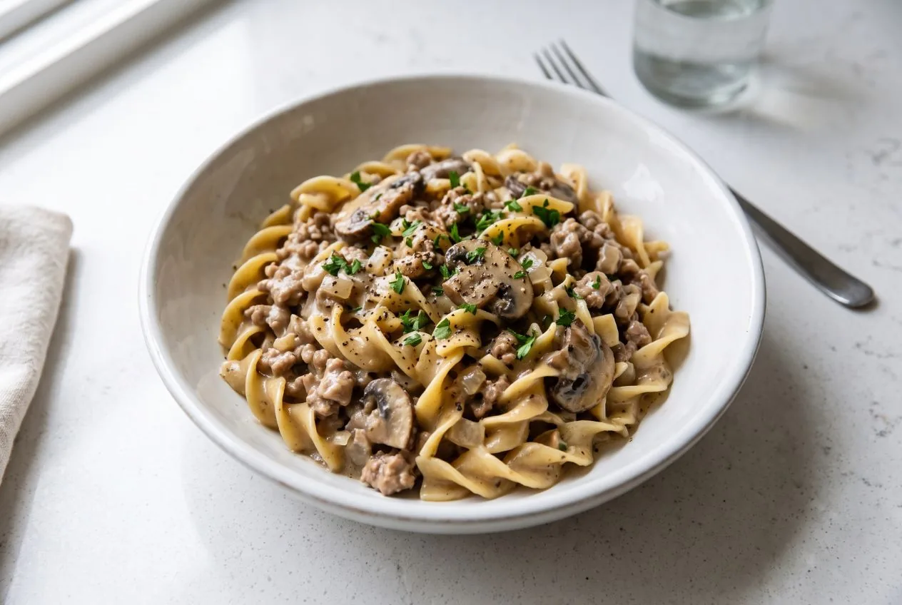 Ground turkey stroganoff with mushrooms in a creamy sauce over egg noodles in a skillet