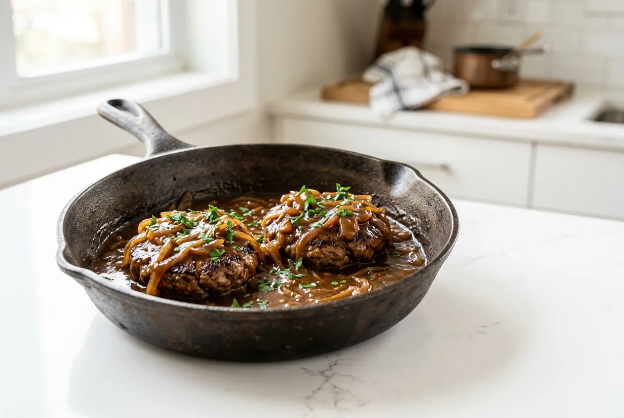 Hamburger steak patties in a skillet smothered in brown onion gravy