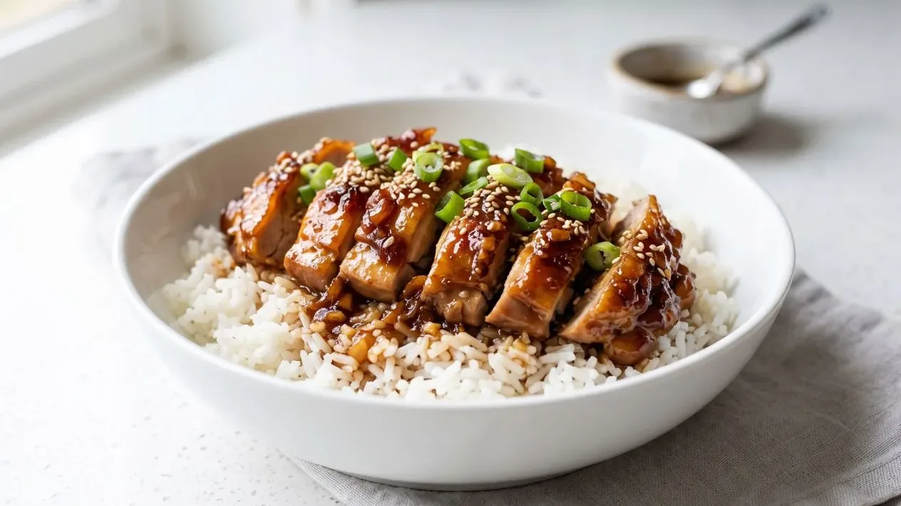 Sticky honey garlic chicken thighs over rice, glazed and topped with sesame seeds and sliced green onion.