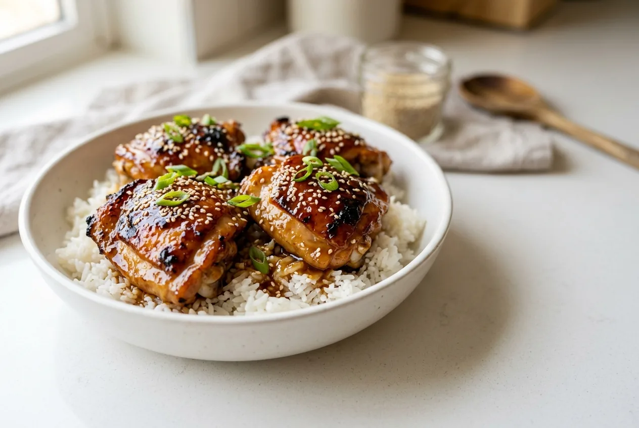 Sticky honey garlic chicken thighs glazed and glossy served over white rice