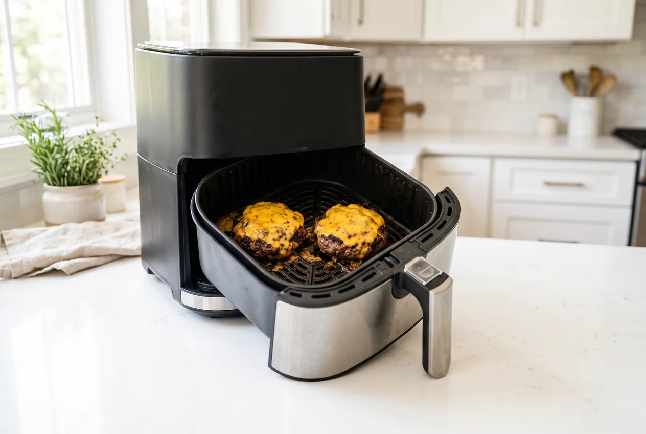 Two browned beef burger patties with melted cheese in the black basket of an air fryer with the drawer open