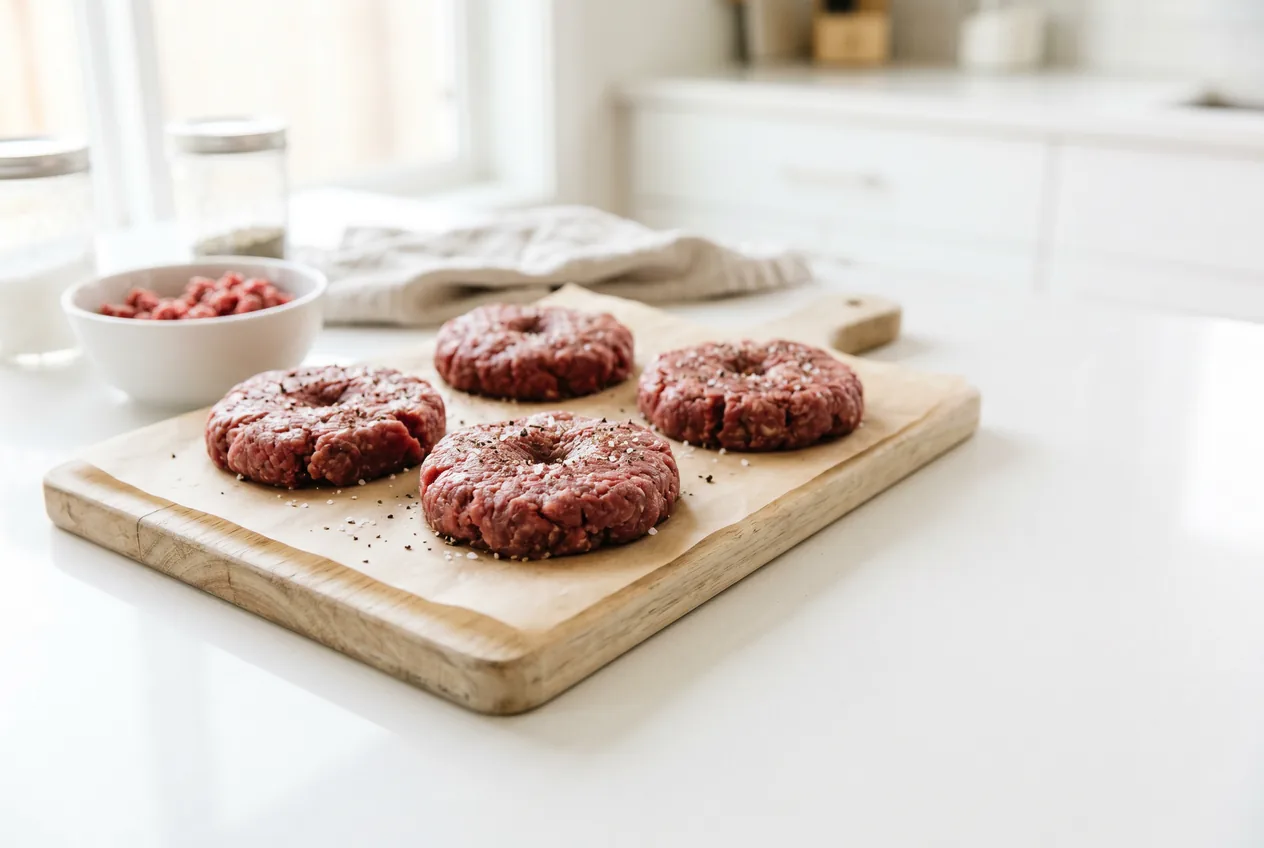 Four fresh raw hand-formed ground beef burger patties on parchment on a wooden board, lightly seasoned, with a bowl of ground beef behind