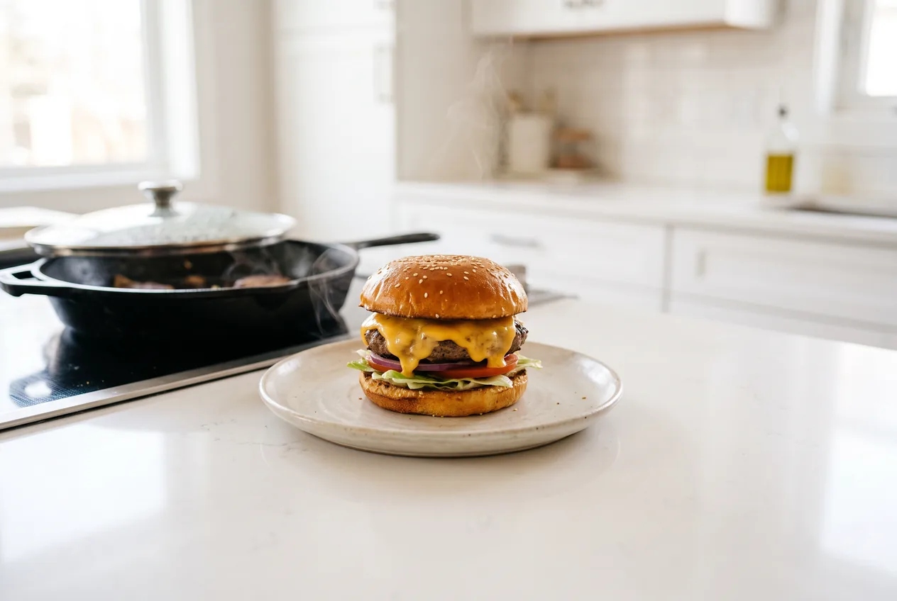 A warm reheated cheeseburger on a light plate with a wisp of steam, a covered skillet softly blurred behind