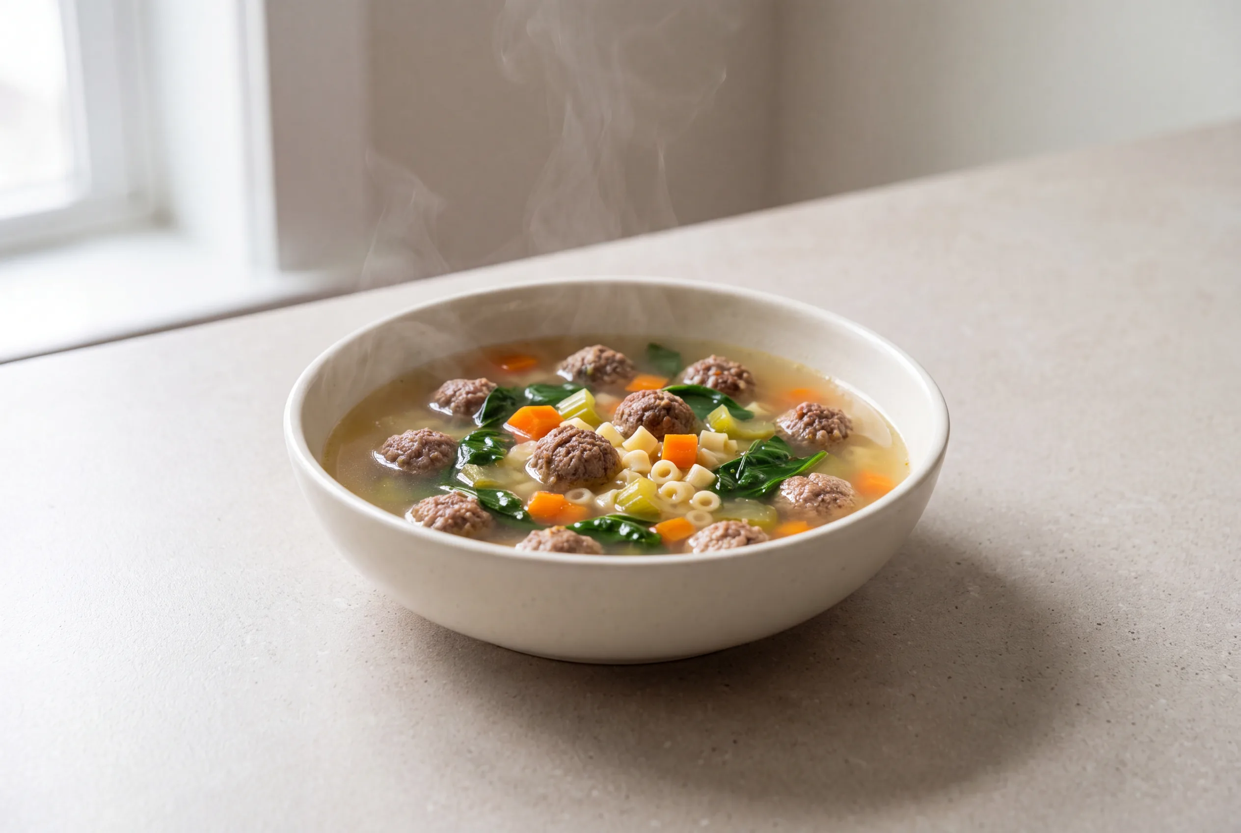A bowl of Italian wedding soup with small meatballs, carrots, celery, wilted spinach, and small pasta in a light broth