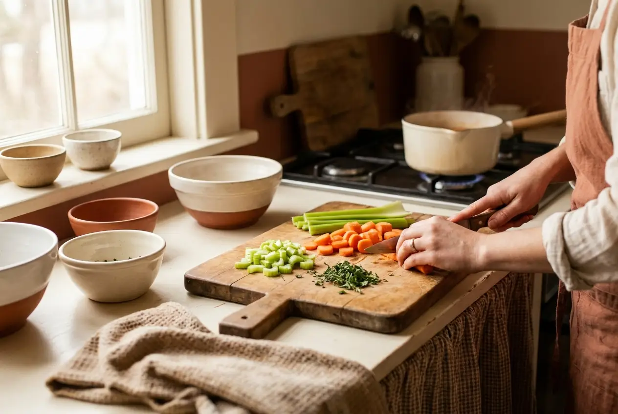 Hands chopping fresh vegetables on a wooden board in a warm home kitchen