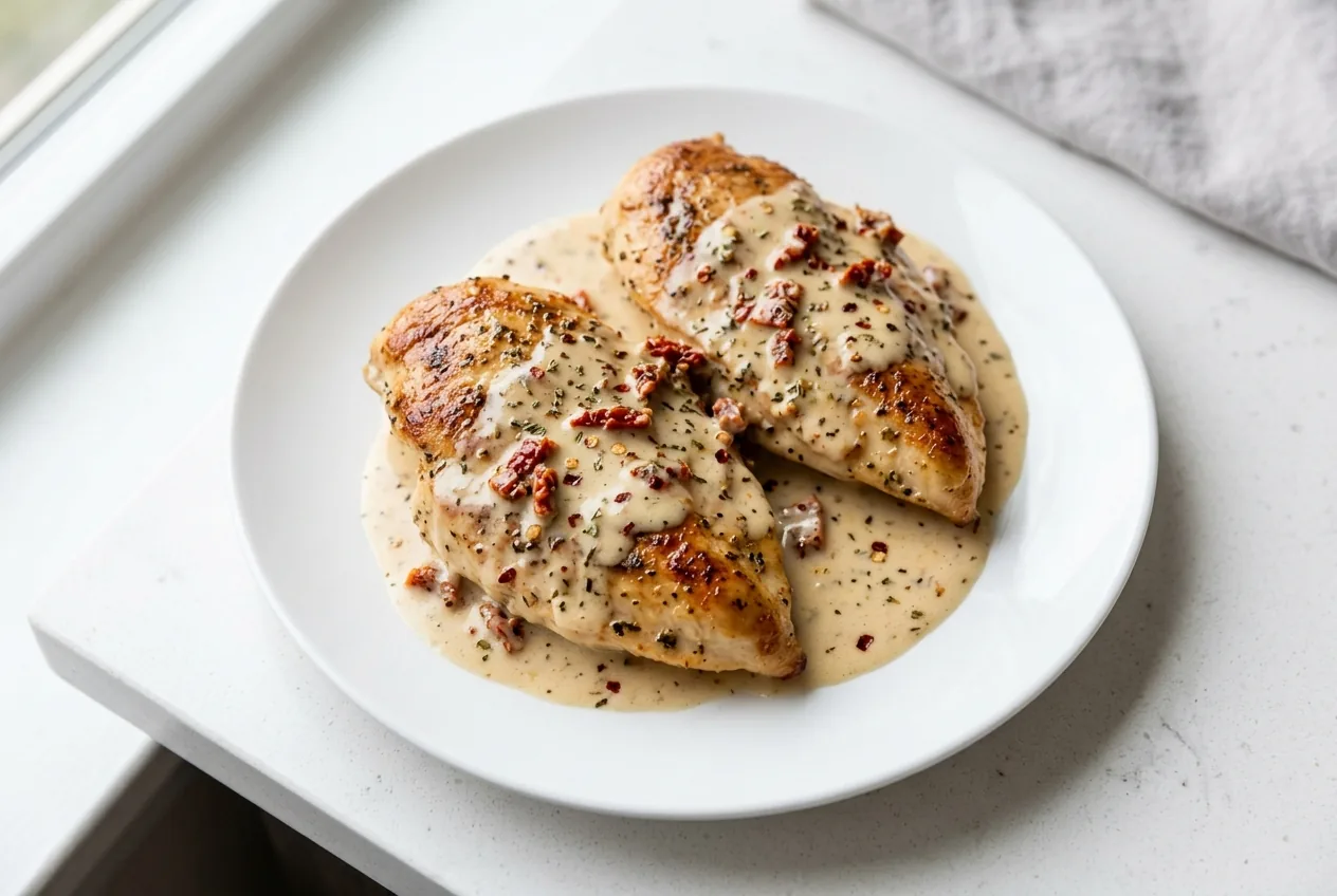 Two seared chicken breasts in a creamy garlic Parmesan and sun-dried tomato sauce on a white plate