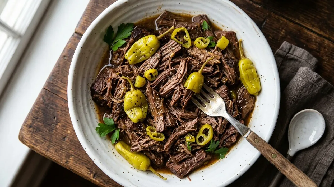 A shredded Mississippi pot roast in a slow cooker with pepperoncini peppers, served with a fork.