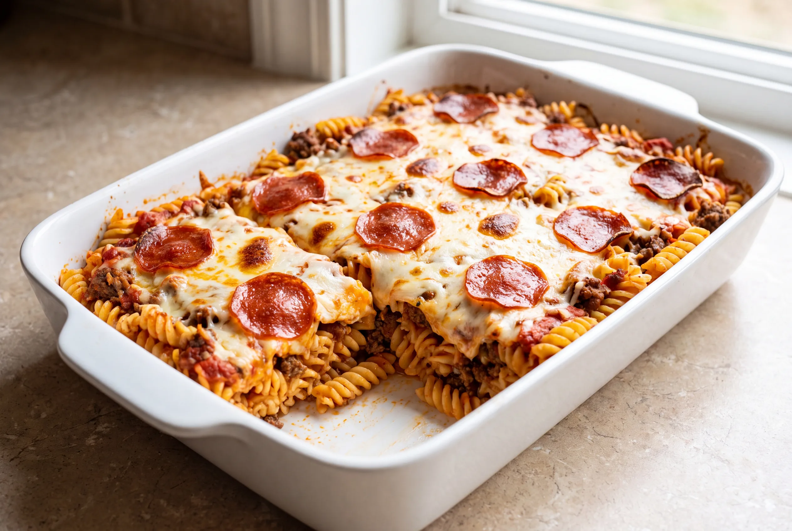 A baked pizza casserole in a white dish with rotini pasta, ground beef, melted mozzarella, and pepperoni