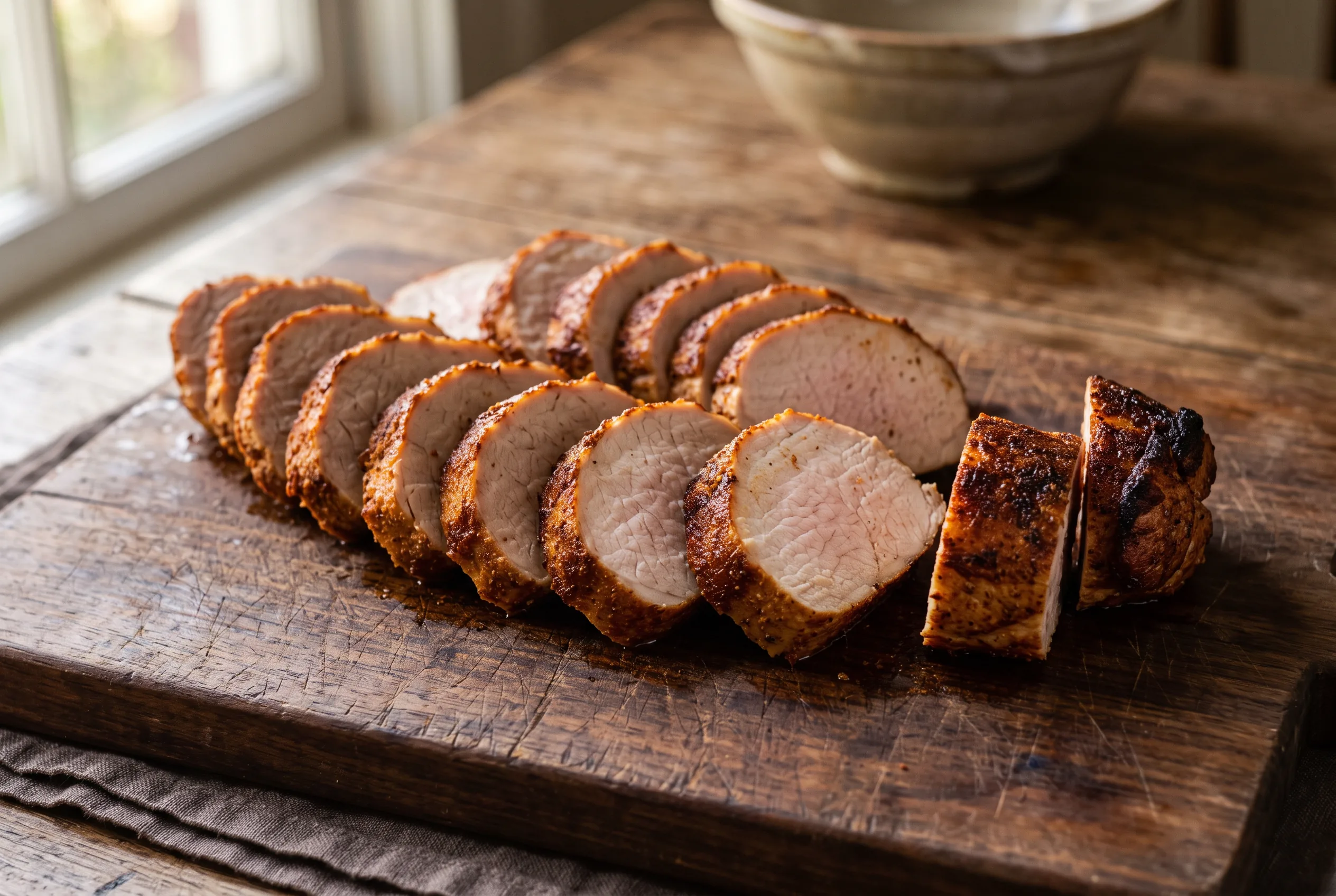 Sliced pork tenderloin fanned out on a cutting board, showing a browned seared crust on the outside and a moist, pale pink-to-white center on each slice