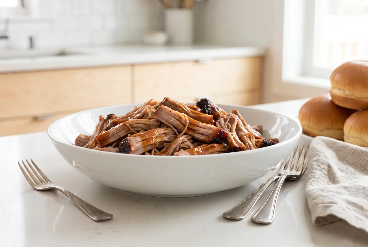 A white bowl of barbecue pulled pork with shredded strands and soft buns alongside