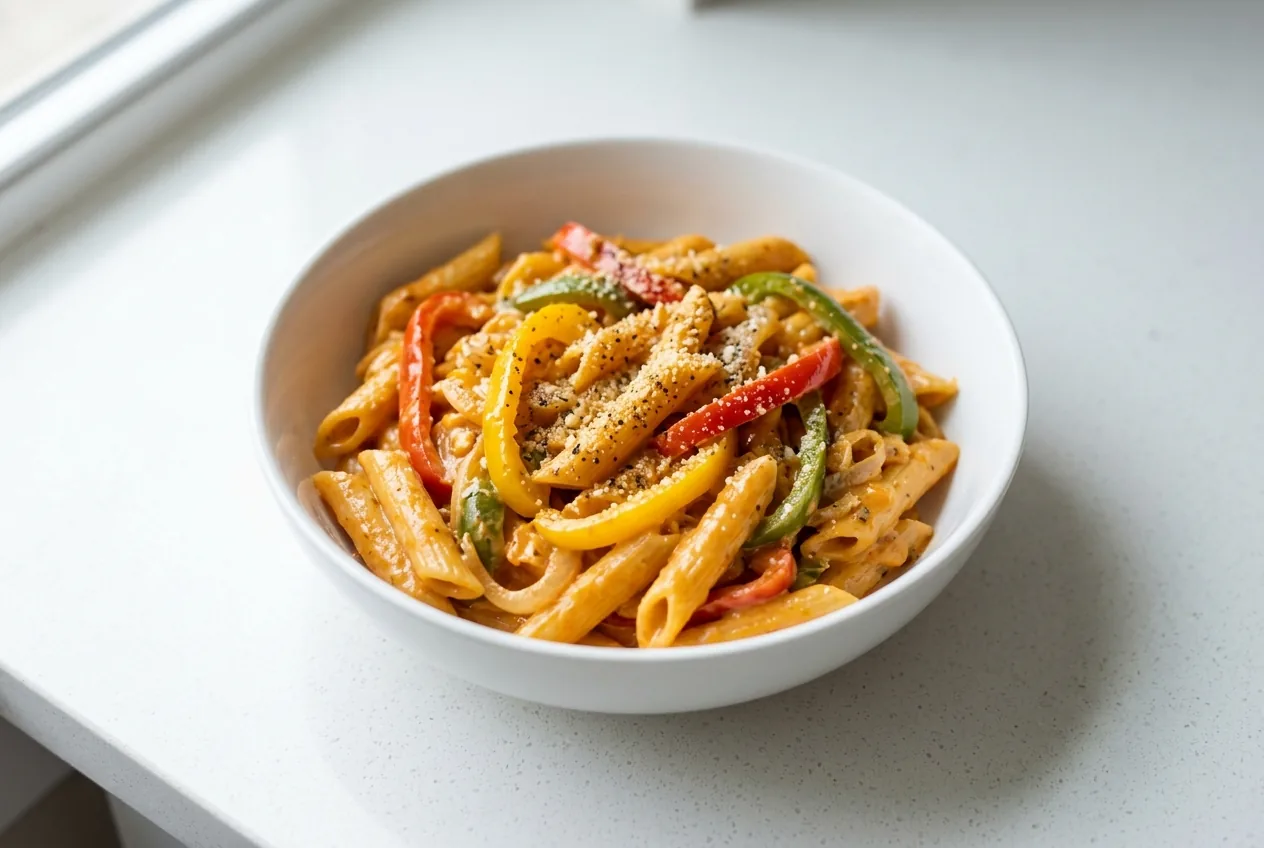 Creamy rasta pasta with red, yellow, and green bell peppers and jerk seasoning in a white bowl