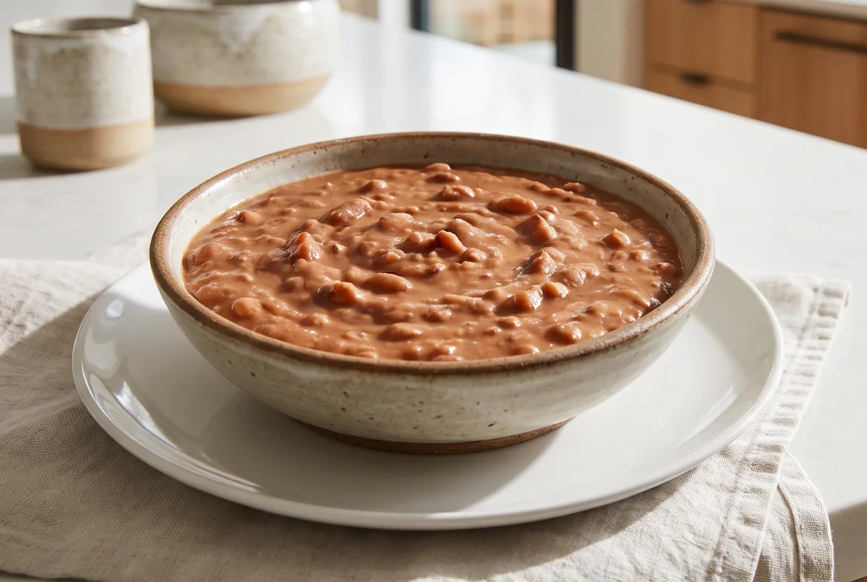 A bowl of creamy, mashed refried beans with a rustic, slightly chunky texture, served plain with no toppings.