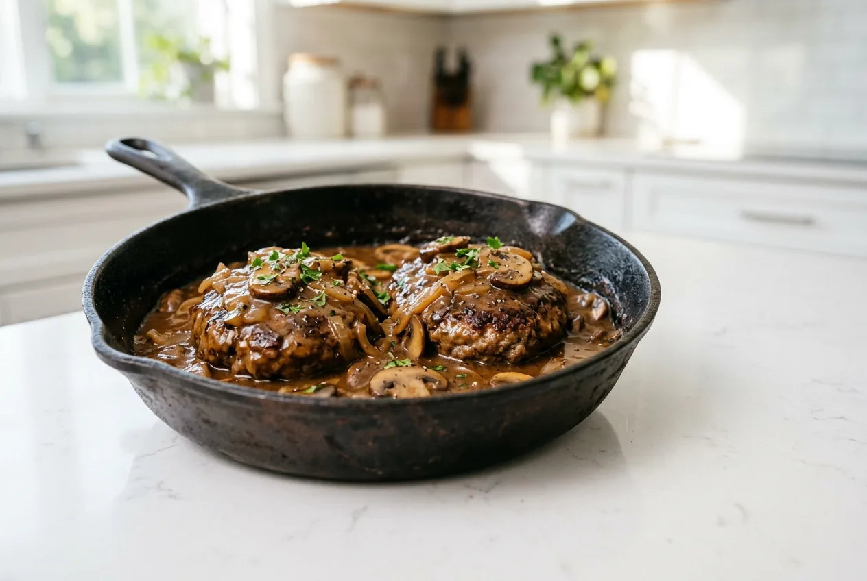 Two Salisbury steak patties in a skillet smothered in brown mushroom and onion gravy