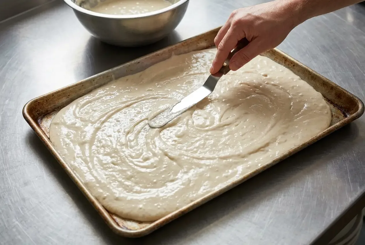 A thick sticky pourable pizza batter being spread to the corners of a rimmed sheet pan with an offset spatula