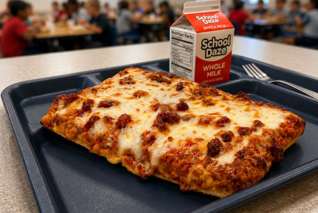 A rectangular slice of school pizza on a cafeteria tray showing browned sausage crumbles across the melted cheese