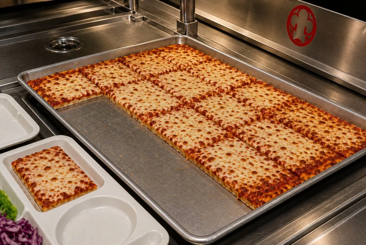 A full sheet pan of rectangular cafeteria pizza cut into portions on a stainless steel serving line