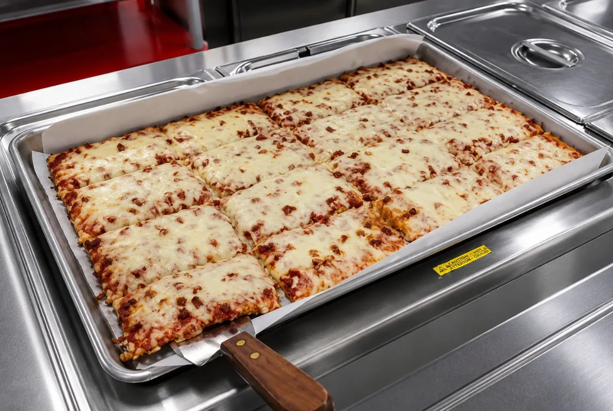A full pan of baked rectangular sausage pizza cut into portions and held warm