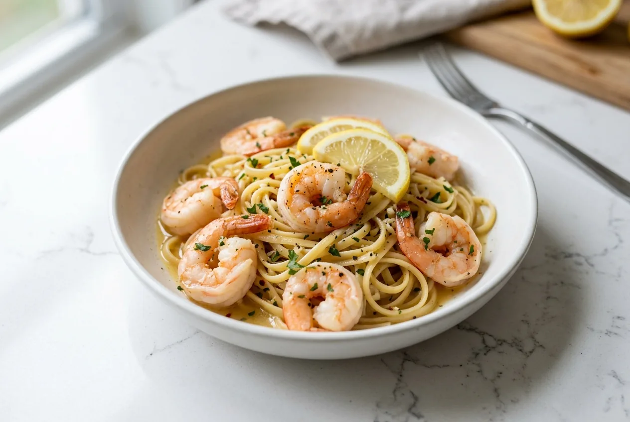 Shrimp scampi with cooked shrimp in a glossy garlic-butter-lemon sauce tossed with linguine and parsley, in a shallow bowl