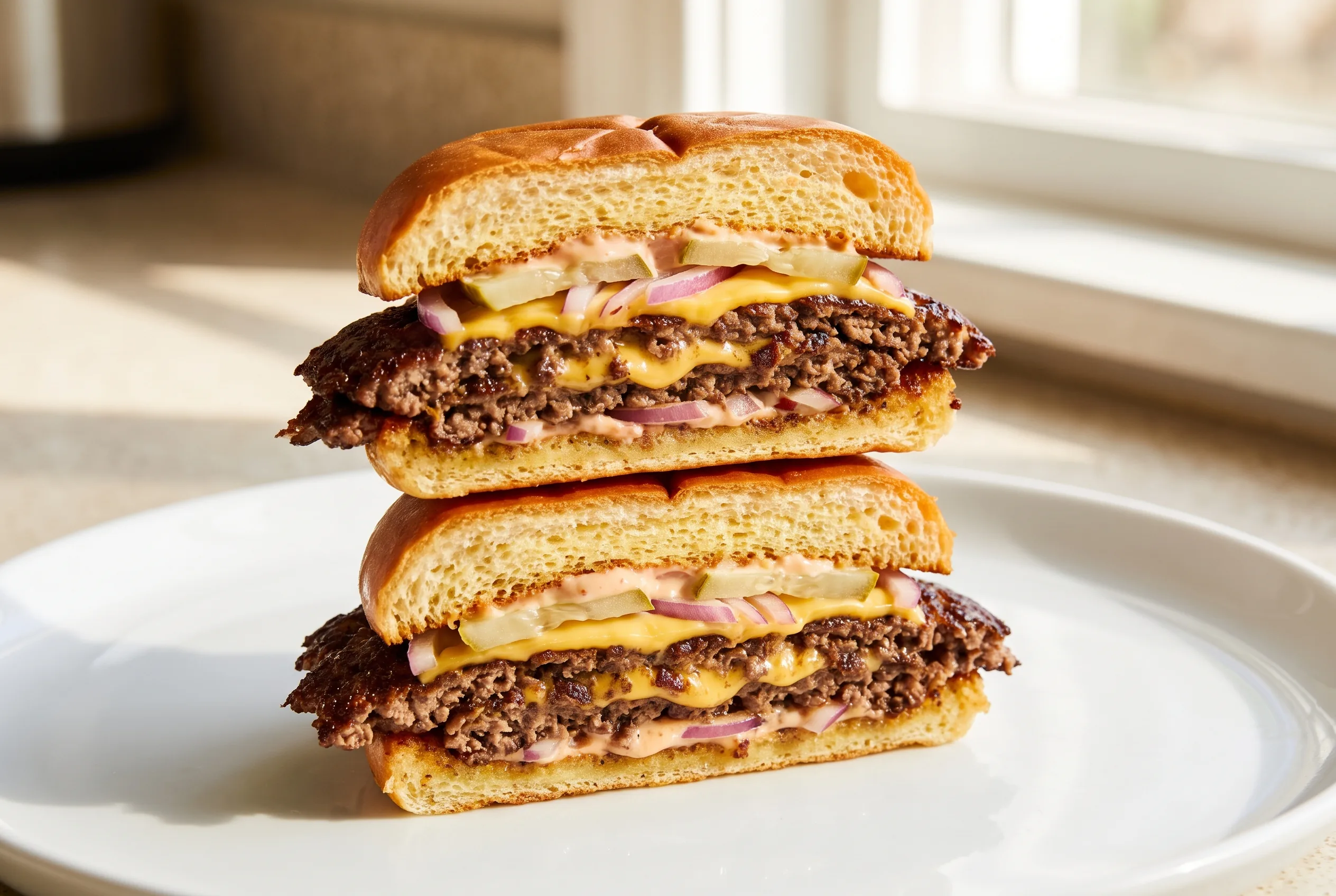 A double-smashed cheeseburger cut in half and stacked to show two thin beef patties with a lacy brown crust, melted American cheese, onion and pickles on a toasted bun